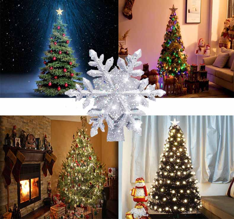Christmas Tree Topper Star Lighted 3D Glitter Silver Snow Tree Toppers