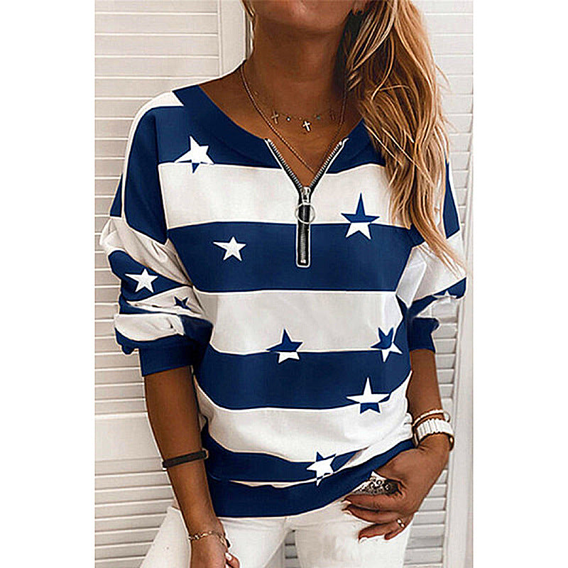 Striped Printed Long-Sleeved Zipper Loose Casual Sweater