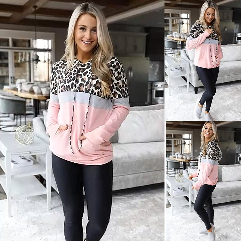 Leopard Print Long-Sleeved Hooded Stitching Padded Sweater