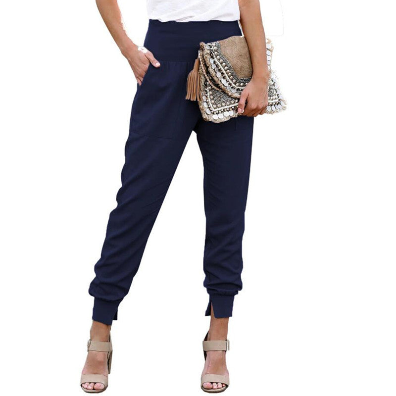 Solid Color Women's High Waist Cropped Trousers with Slits