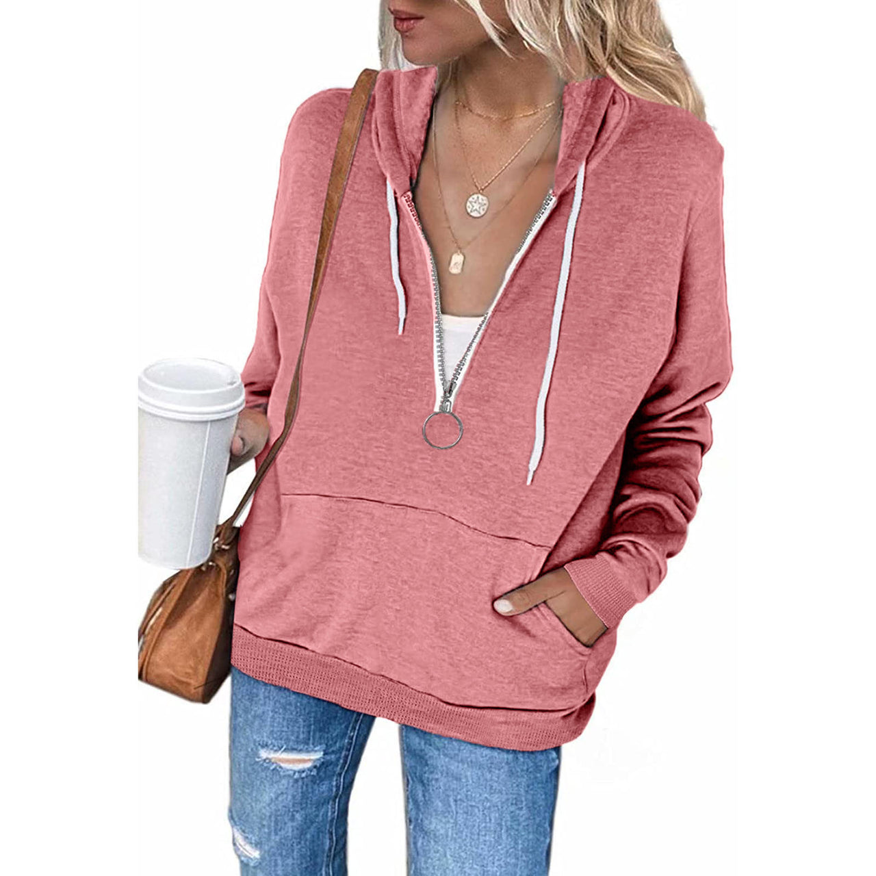 Ladies Solid Color Long Sleeve Hooded String Sweatshirt Zip Jacket