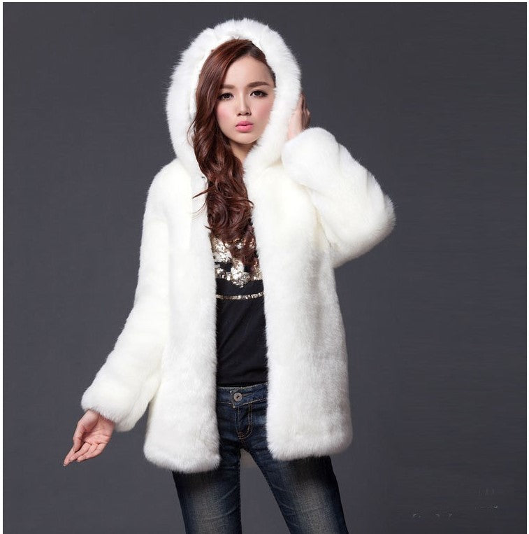 Faux fur women's hooded coat mid-length coat