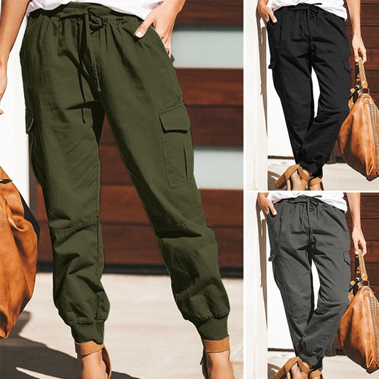 Solid Color Casual Fashion Pocket Lace-up Cargo Trousers