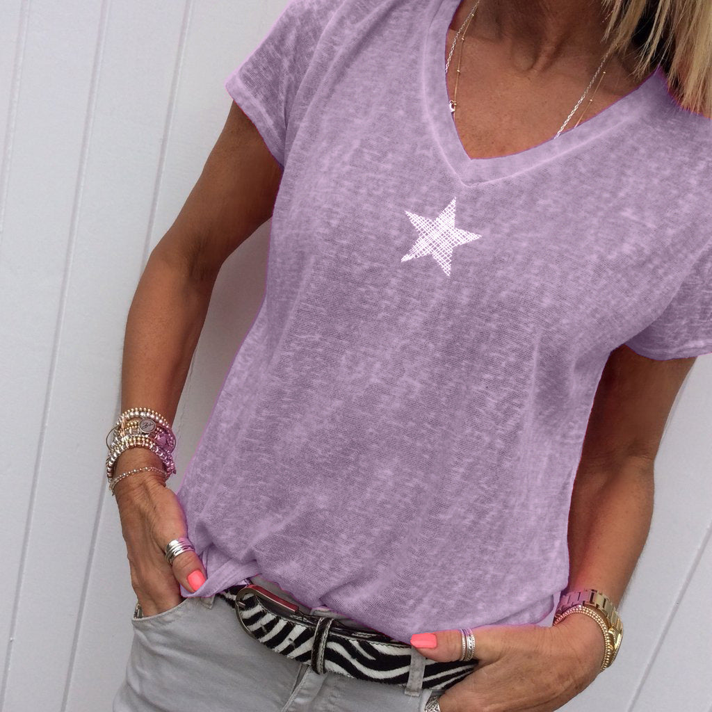 Star Print Solid Color Plus Size Short Sleeve