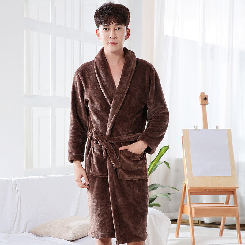 Men's Nightgown Thickened Long-sleeved Enlarged Coral Velvet Bathrobe Mid-length