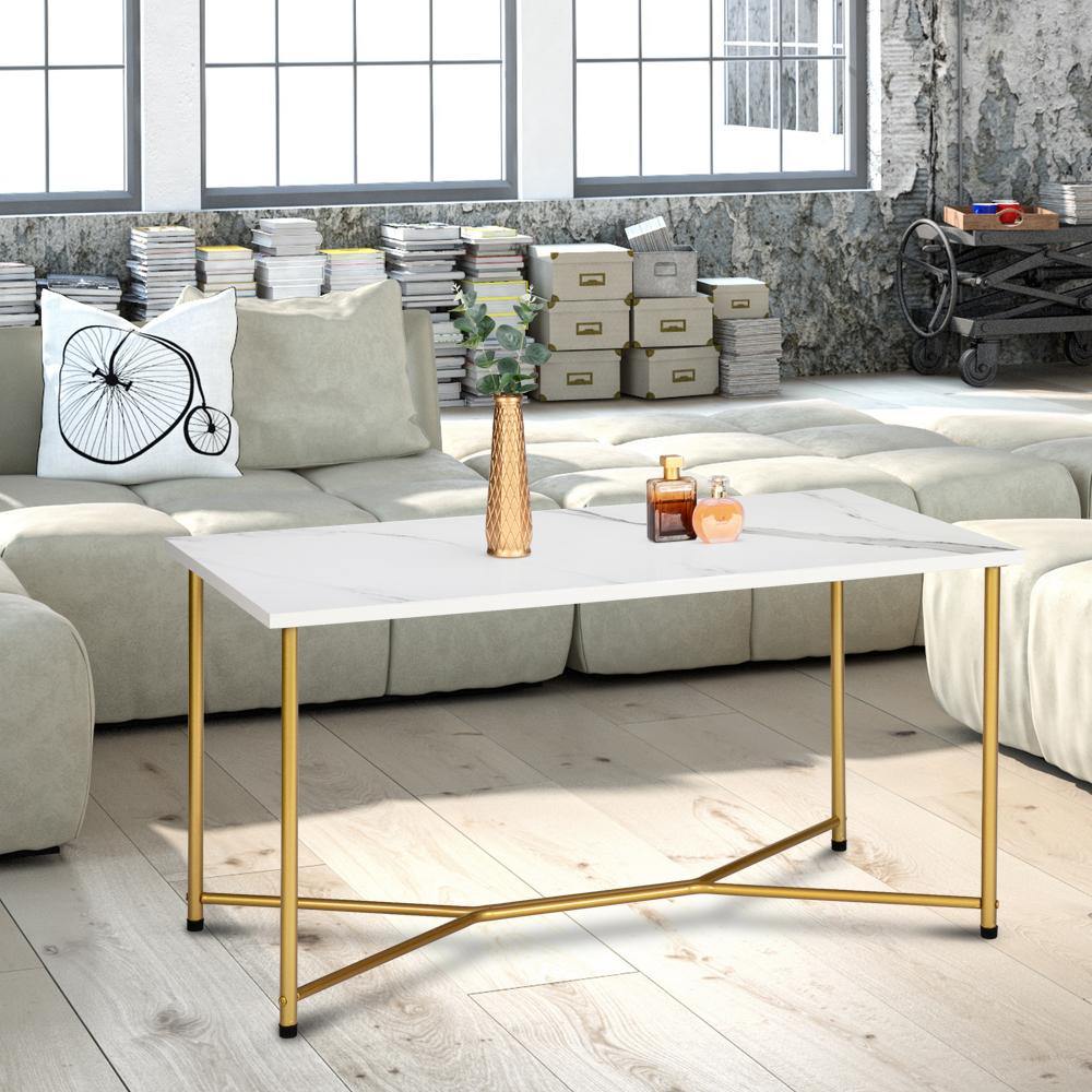 HODELY Single Layer 1.5cm Thick Density Board Imitation Marble Square Table Top Gold Foot Iron Coffee Table White - Bestgoodshop