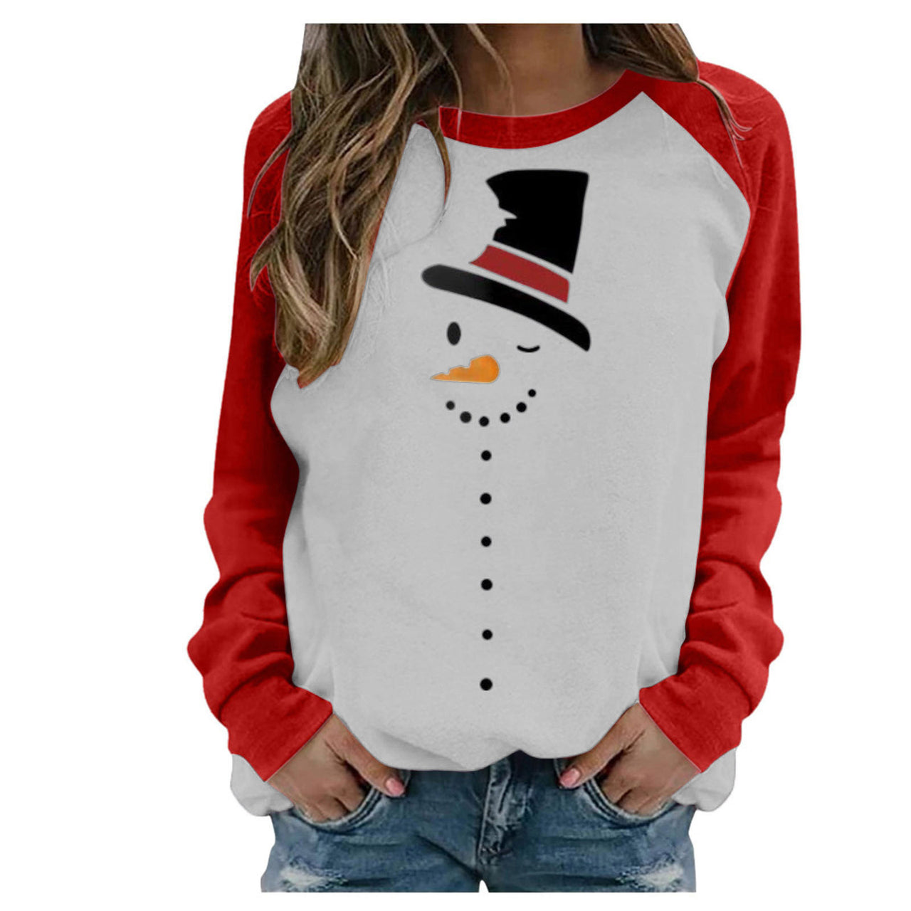 Christmas Snowman Fawn Print Crew Neck Loose Long Sleeve T-Shirt Women