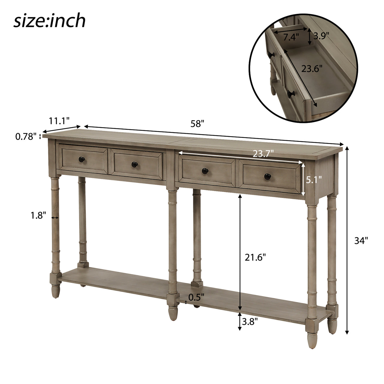 Console Table Sofa Table Easy Assembly with Two Storage Drawers and Bottom Shelf for Living Room, Entryway (Grey Wash)