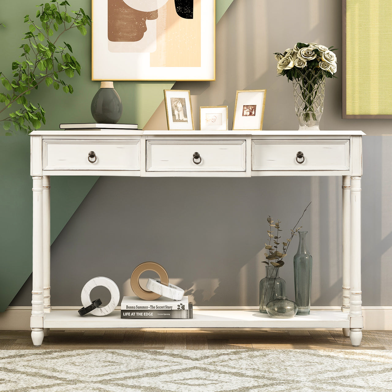 Console Table Sofa Table with Drawers for Entryway with Projecting Drawers and Long Shelf (Antique White)