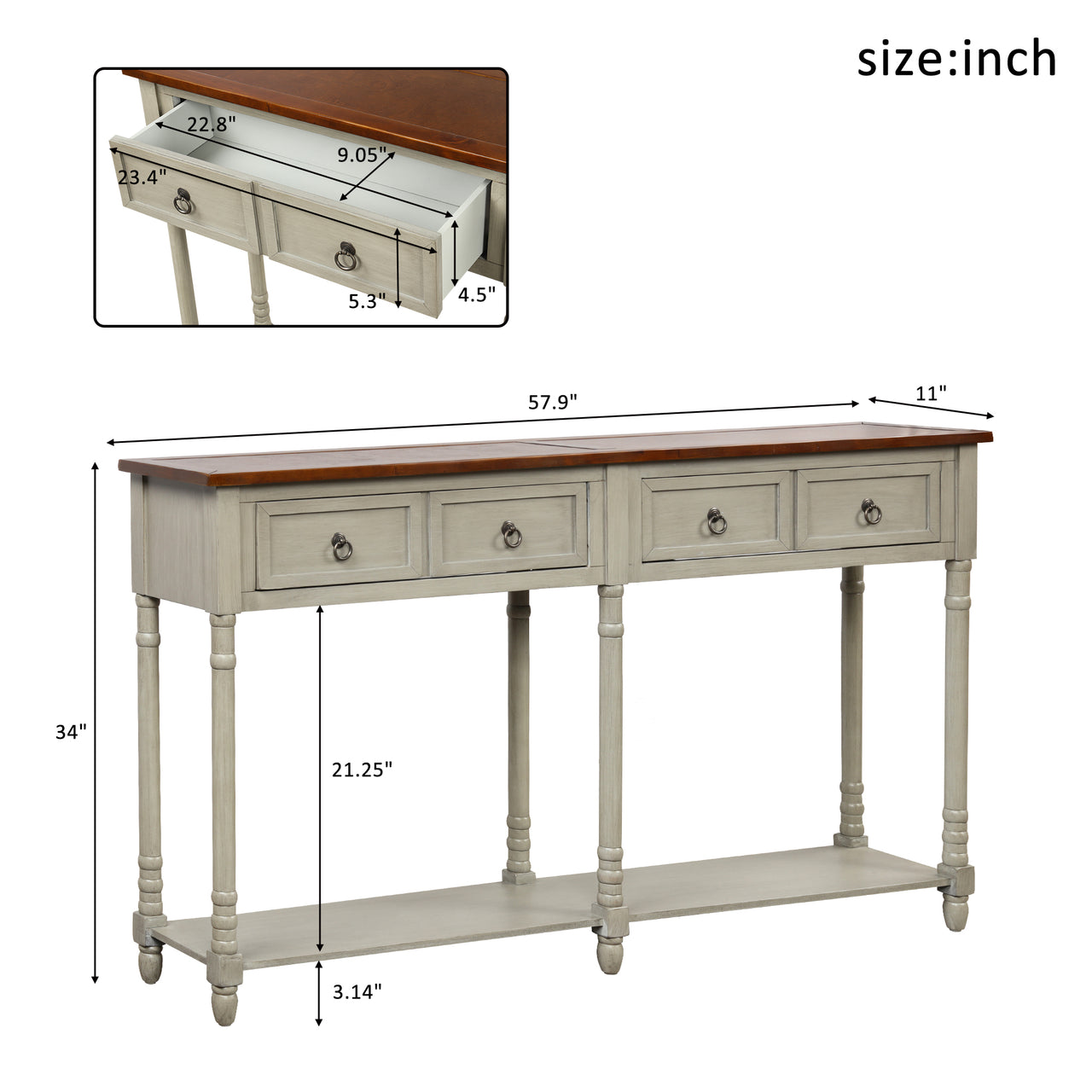 Console Table Sofa Table with Storage for Entryway with Drawers and Shelf (Antique Grey)