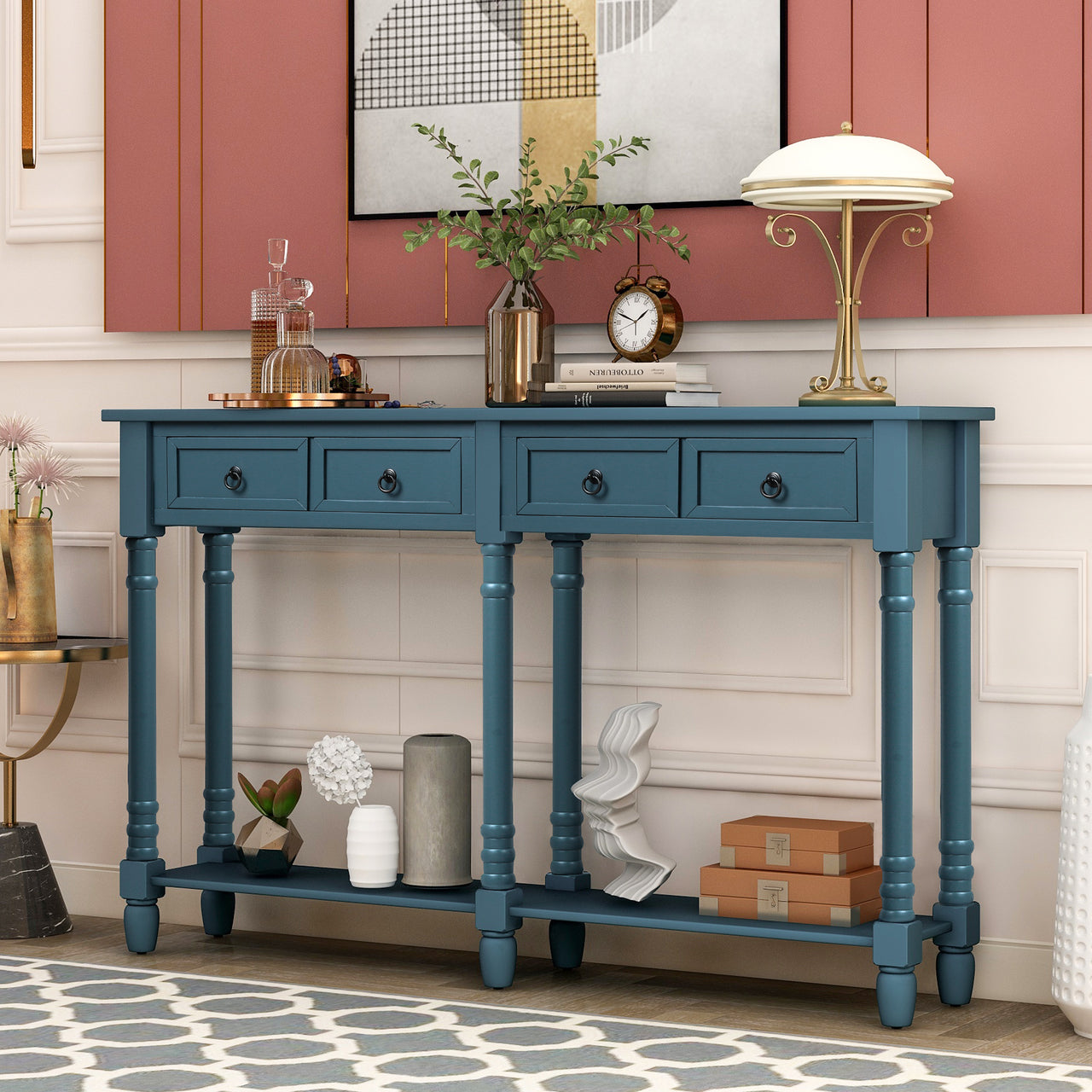 Console Table Sofa Table with Drawers and Long Shelf Rectangular Living Room Table Solid Wood (Antique Navy)
