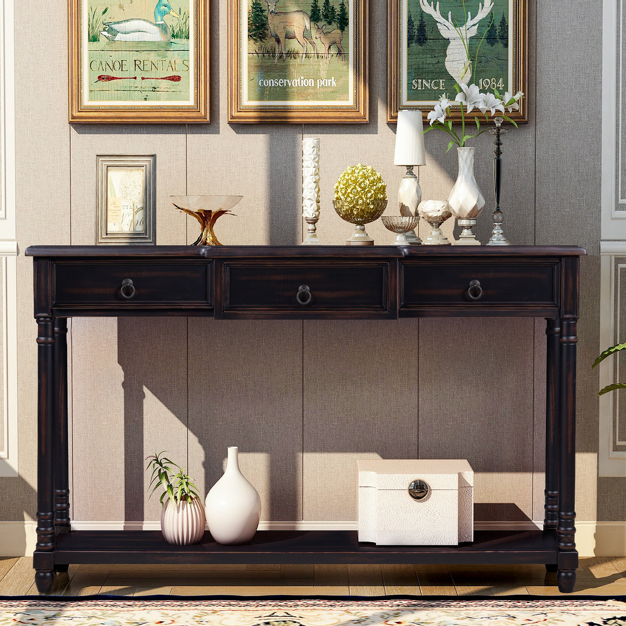 Console Table Sofa Table with Drawers for Entryway with Projecting Drawers and Long Shelf (Espresso)