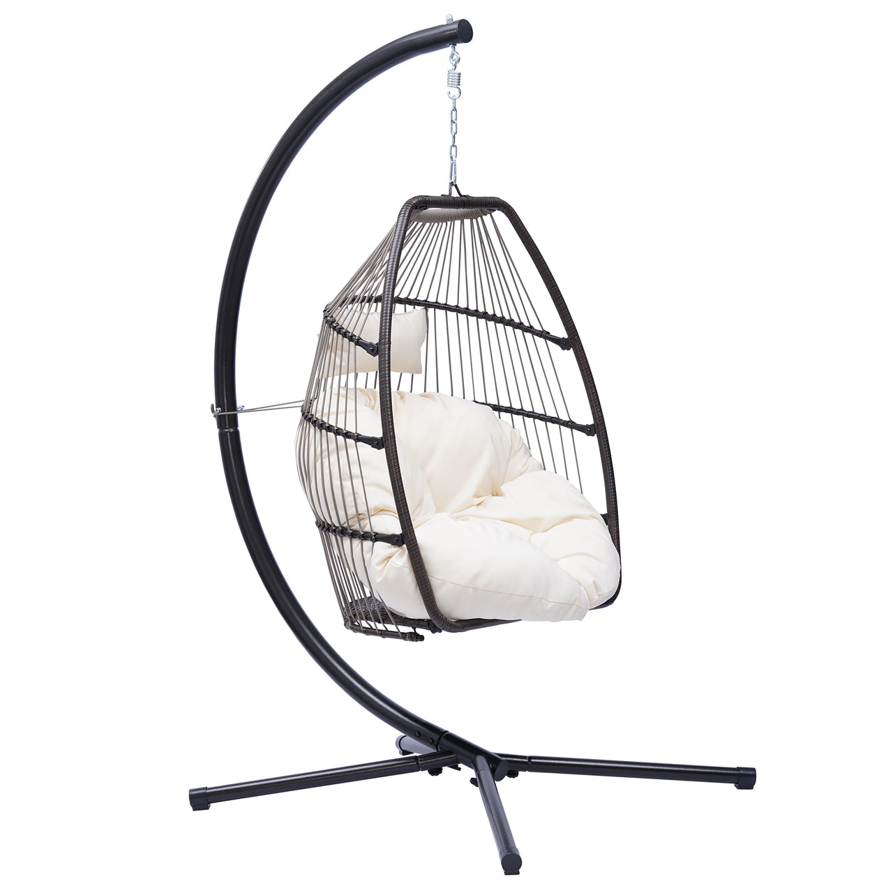 Outdoor Patio Wicker folding Hanging Chair,Rattan Swing Hammock Egg Chair with C Type bracket , with cushion and pillow,Beige