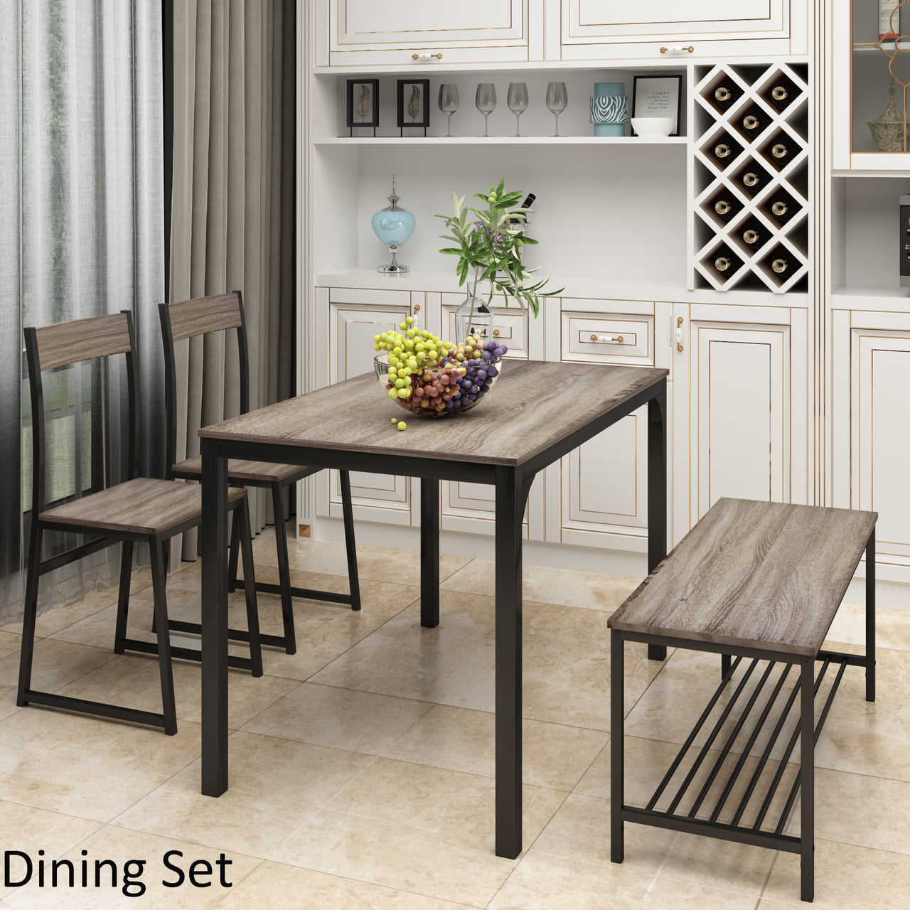 4 Piece Dining Set for 4 Kitchen Table Set Computer Desk with 2 Chairs and Bench for Home Dining Room, Gray