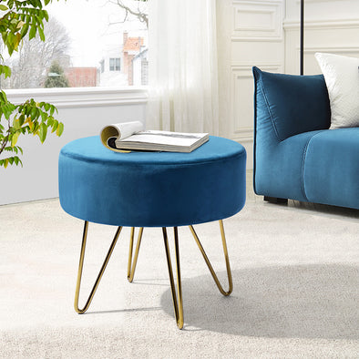 17.7& Teal and Gold Decorative Round Shaped Ottoman with Metal Legs