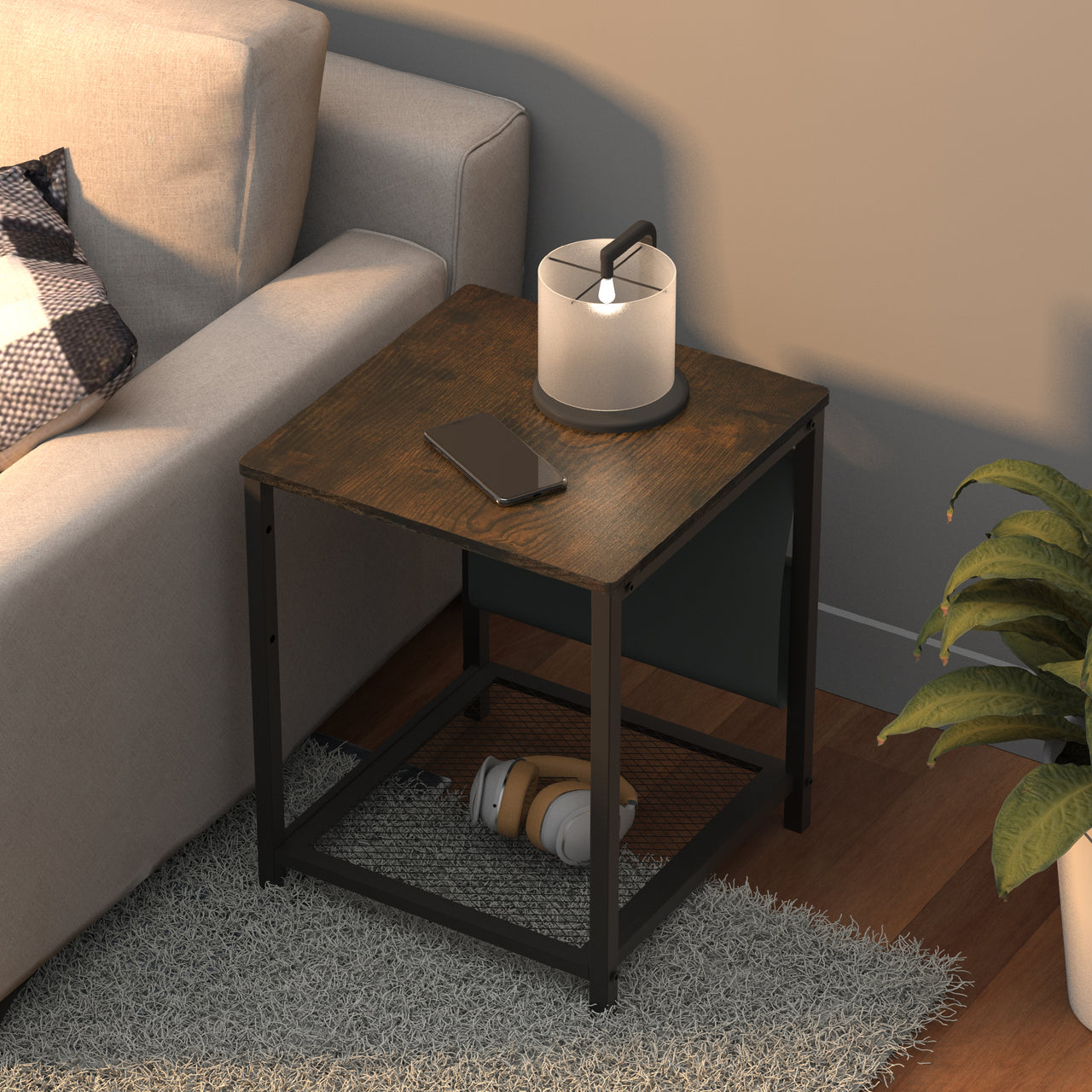 Side Table with Storage Bag, Square End Table with Grid storage rack, Sofa Table for Living Room, Bedroom, Small Spaces,Easy Assembly,Rustic Brown