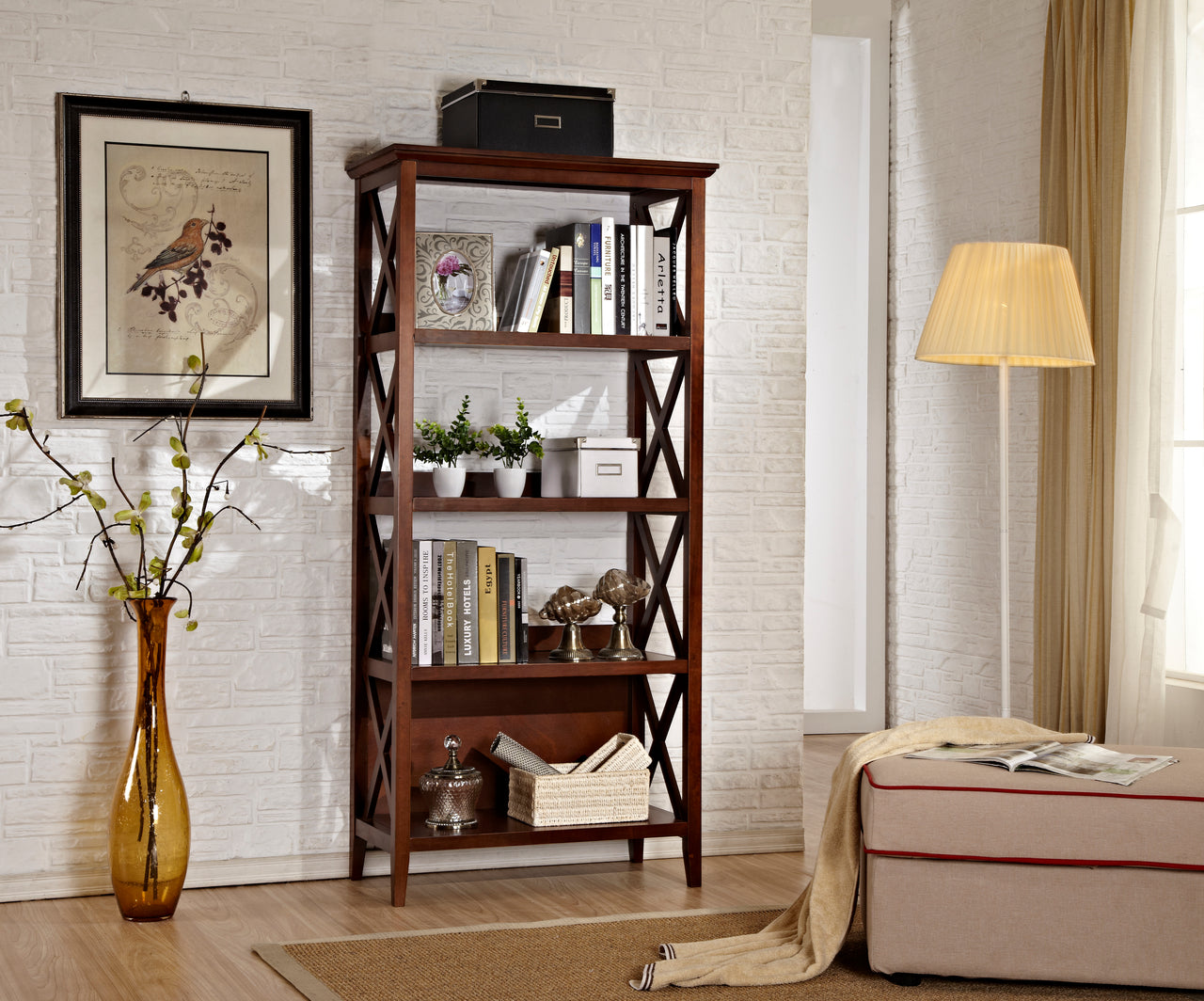 4 Tier Bookcases, 67   Bookshelf with Sturdy Solid Frame, Shelves for Home and Office Organizer, Walnut