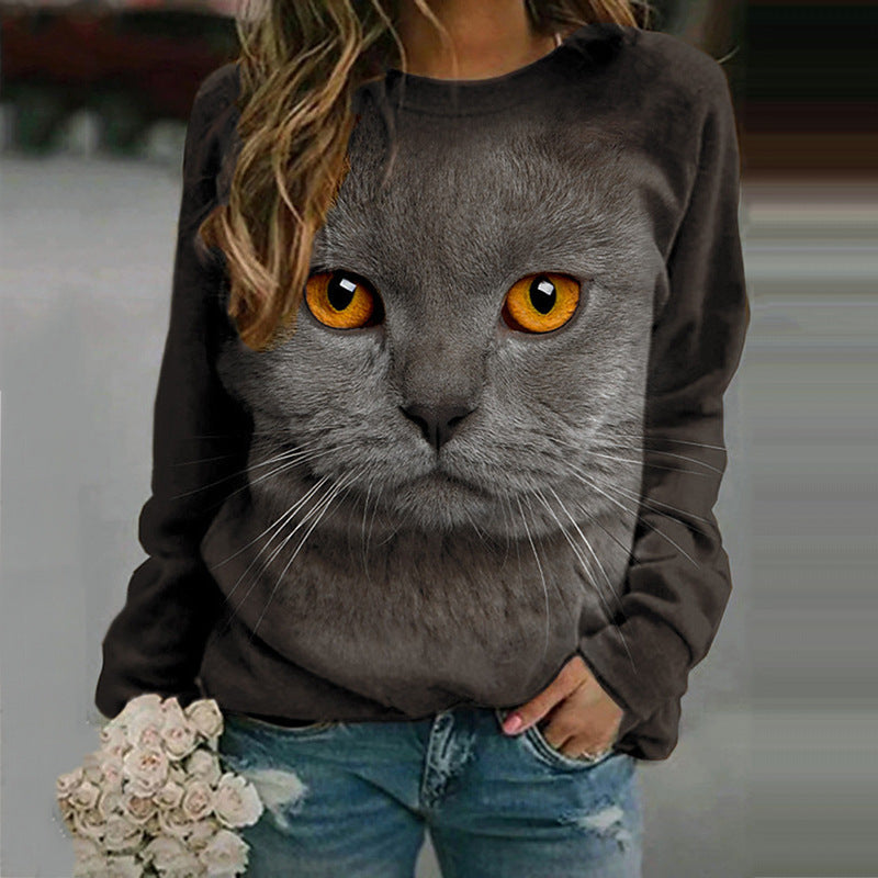 Cat Animal Print Round Neck Long Sleeve Pullover Sweatshirt