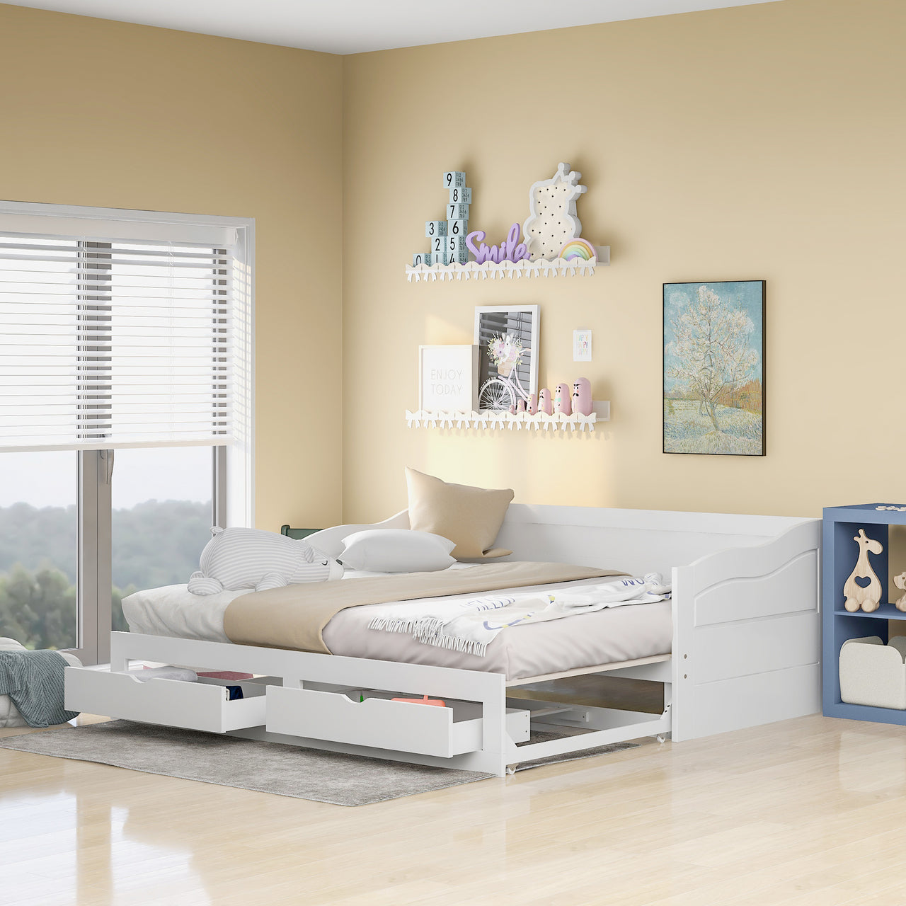 Wooden Daybed with Trundle Bed and Two Storage Drawers , Extendable Bed Daybed,Sofa Bed with Two Drawers, White