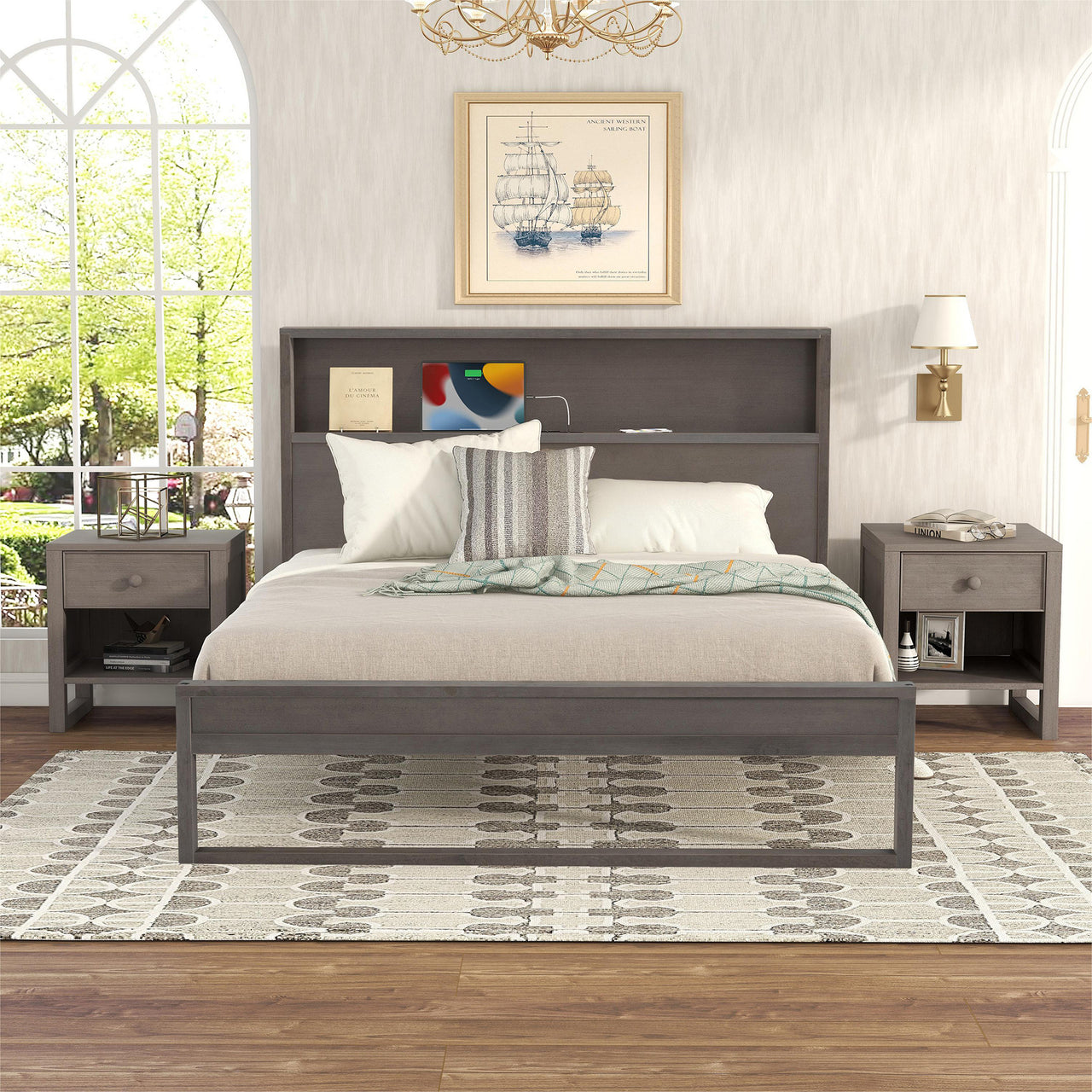 3-Pieces Bedroom Sets Queen Size Platform Bed with Two Nightstands,Antique Gray
