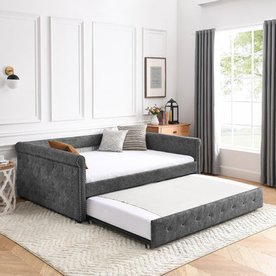 85.5“x57”x30.5“ Daybed with Trundle Upholstered Tufted Sofa Bed, with Button and Copper Nail on Arms, Full Daybed & Twin Trundle, Grey