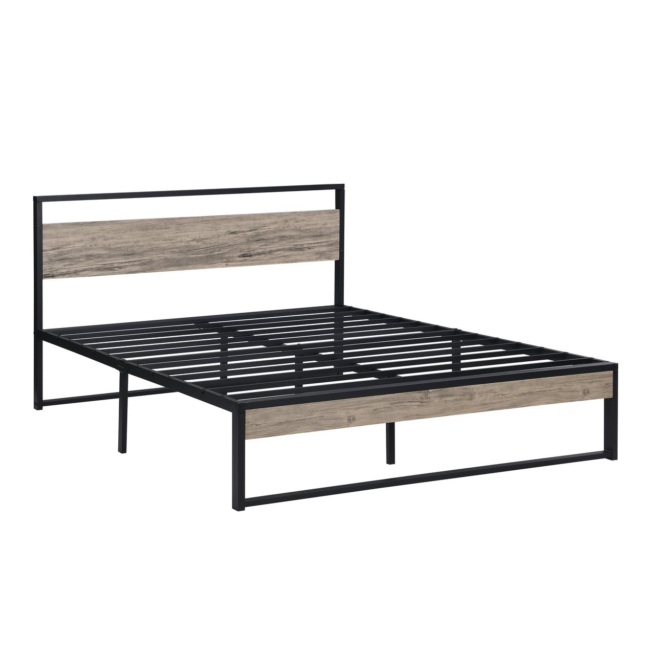 Solid Black Metal Bed With Wood Panel
