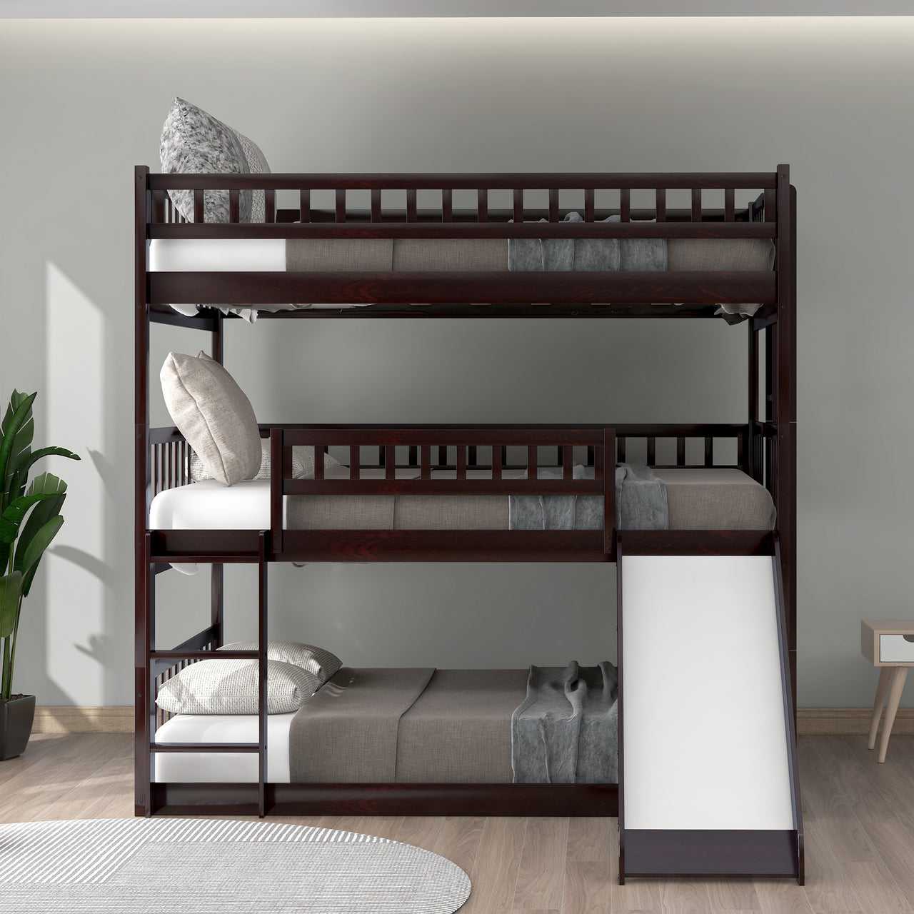 Full-Over-Full-Over-Full Triple Bed with Built-in Ladder and Slide , Triple Bunk Bed with Guardrails, Espresso