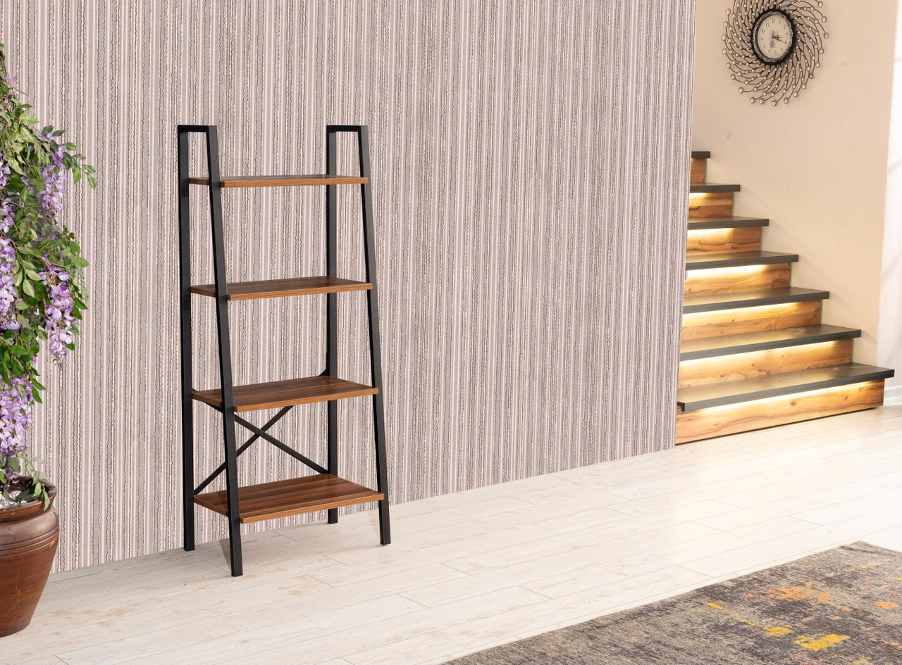 Leon 5 Tier Modern Ladder Bookshelf Organizers, Metal Frame Bookshelf for Small Spaces in Your Living Rooms, Office Furniture Bookcase, Walnut