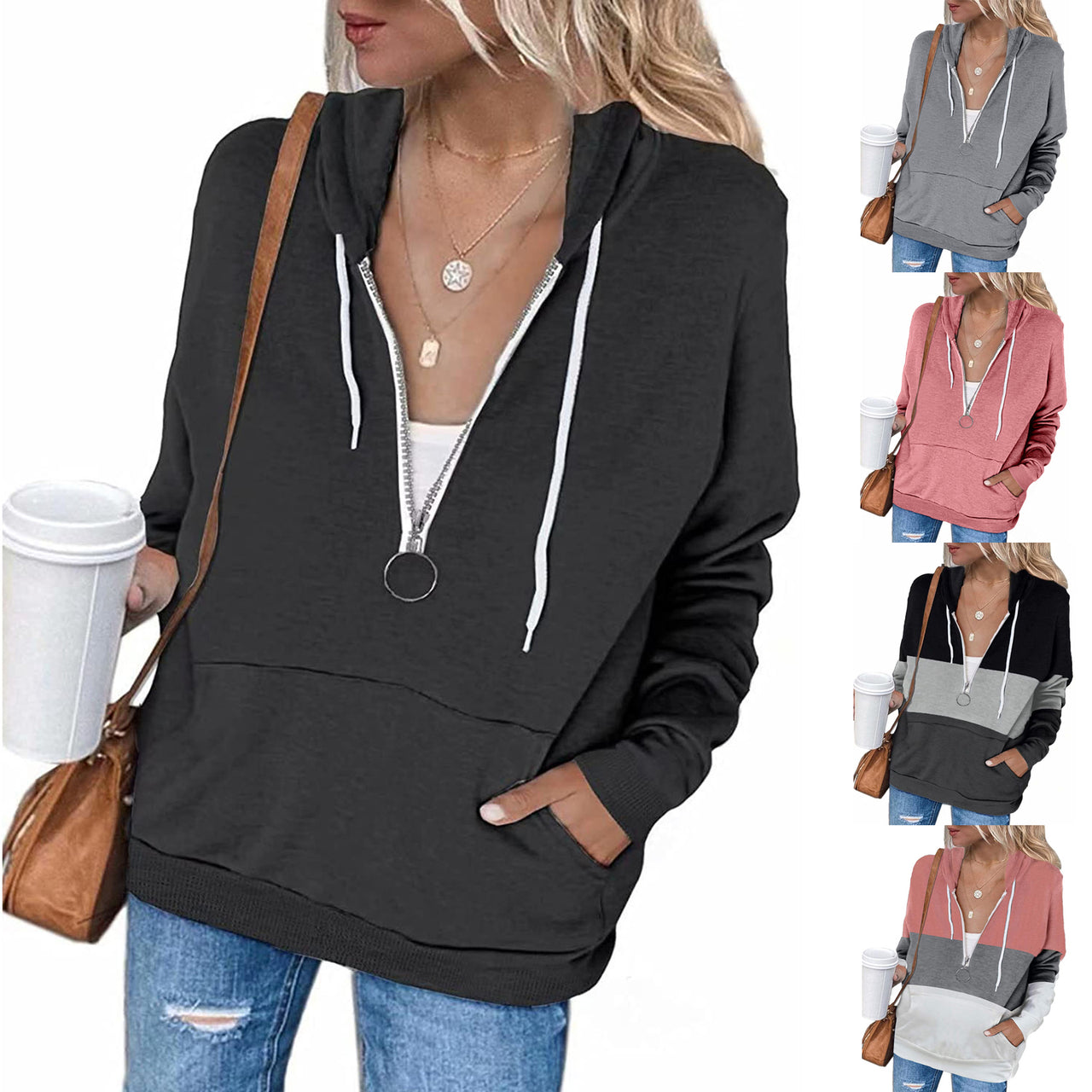 Ladies Solid Color Long Sleeve Hooded String Sweatshirt Zip Jacket