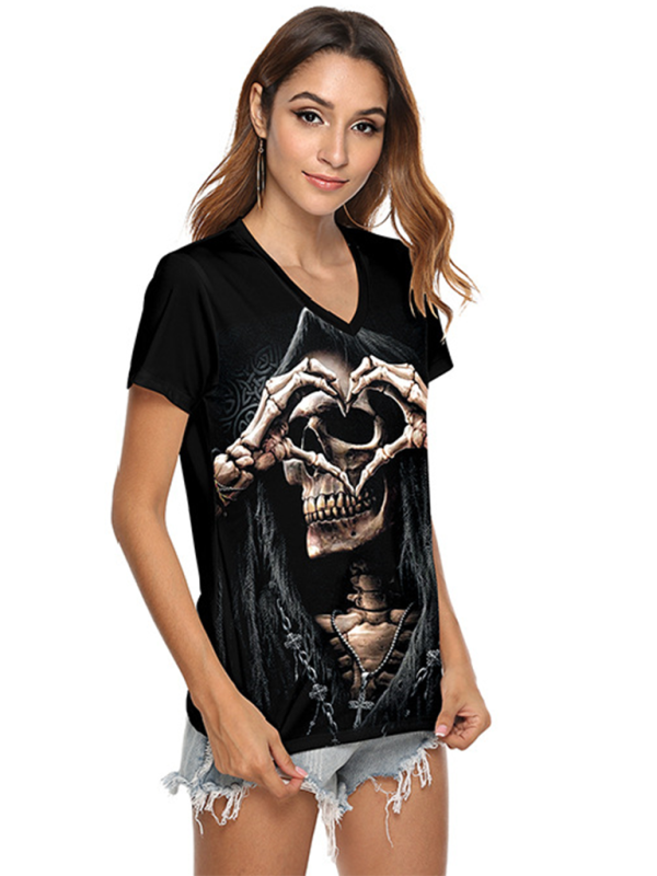 Women's 3D Short Sleeve Digital Print Halloween Skull Personality T-Shirt