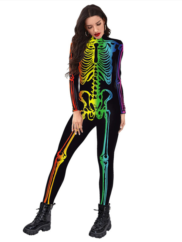 Halloween Colorful Human Skeleton Print Carnival Cosplay One Piece