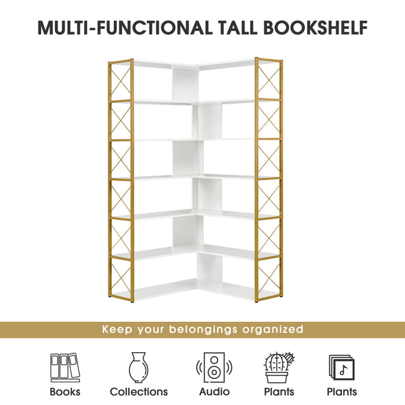 Golden+White 7-Tier Bookcase Home Office Bookshelf,  L-Shaped Corner Bookcase with Metal Frame, Industrial Style Shelf with Open Storage, MDF Board