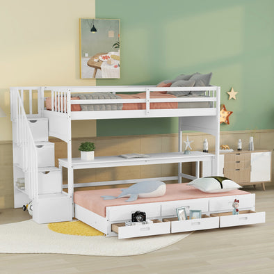 Twin XL Loft Bed with Twin Size Trundle and 3 Drawers, Storage, Desk, White