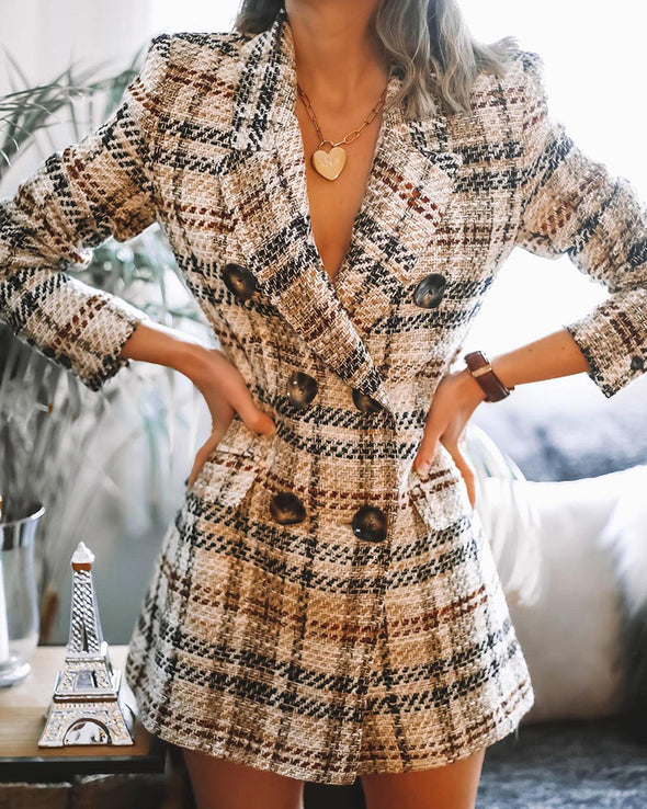 Women's Double-breasted Fashion Printed Plaid Woolen Coat