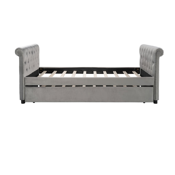 Twin Size Upholstered daybed with Trundle, Wood Slat Support, Gray