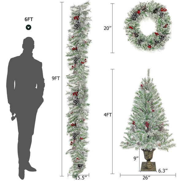 Pre-lit Xmas Tree Artificial Christmas 4-Piece Set,Garland, Wreath and Set of 2 Entrance Trees X-mas