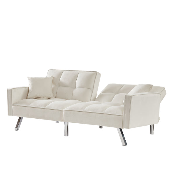 Cream White Velvet Sofa Couch Bed with Armrests and 2 Pillows for Living Room and Bedroom