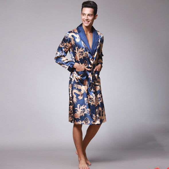 Men's Long-Sleeved Nightgown, Printed Dragon Pattern, Long Bathrobe