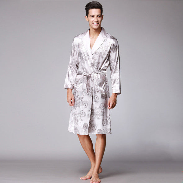 Men's Long-Sleeved Nightgown, Printed Dragon Pattern, Long Bathrobe