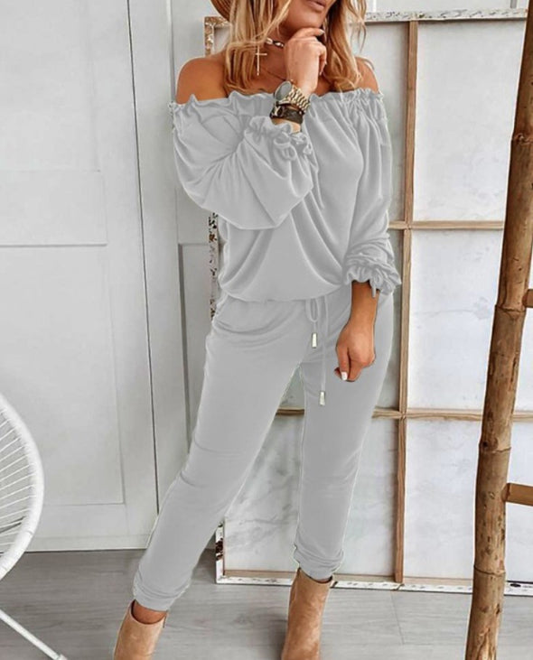 Solid Color Ruffled One-Shoulder Casual Trousers