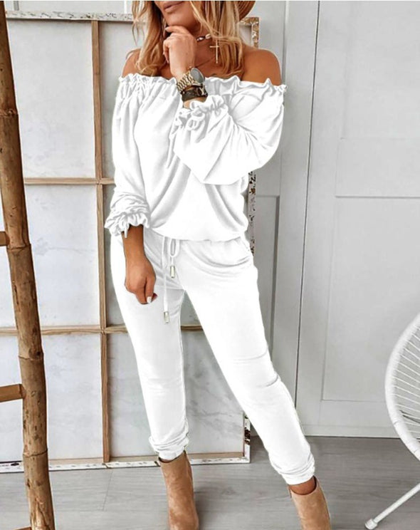 Solid Color Ruffled One-Shoulder Casual Trousers