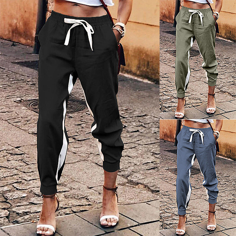 Solid Color Stitching Elastic Lace-up Trousers