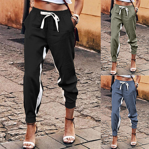 Solid Color Stitching Elastic Lace-up Trousers