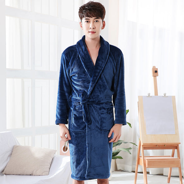 Men's Nightgown Thickened Long-sleeved Enlarged Coral Velvet Bathrobe Mid-length