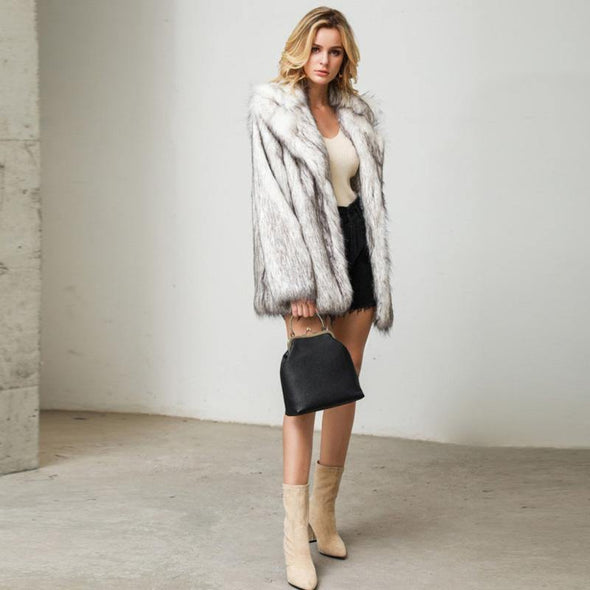 Women's warm mid-length faux fox fur coat - Bestgoodshop