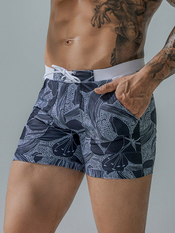 Men's Vintage Print Pocket Lined Swim Shorts