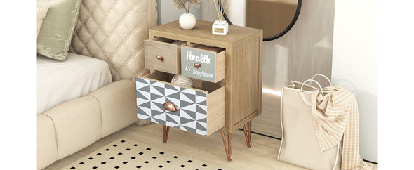 Wooden Nightstand with Three Drawers and Metal Feet Modern Style Bedside Table (Natural)