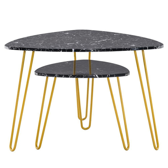 [84 x 83 x 46]cm Marble Iron Foot Coffee Table Side Table Set of 2 Black - Bestgoodshop