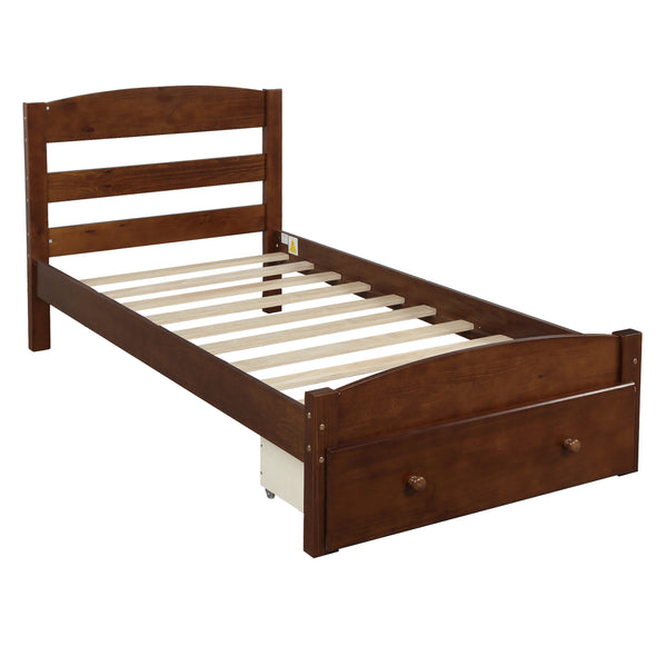 Platform Twin Bed Frame with Storage Drawer and Wood Slat Support No Box Spring Needed, Walnut