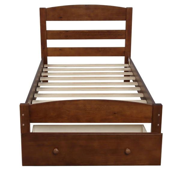 Platform Twin Bed Frame with Storage Drawer and Wood Slat Support No Box Spring Needed, Walnut
